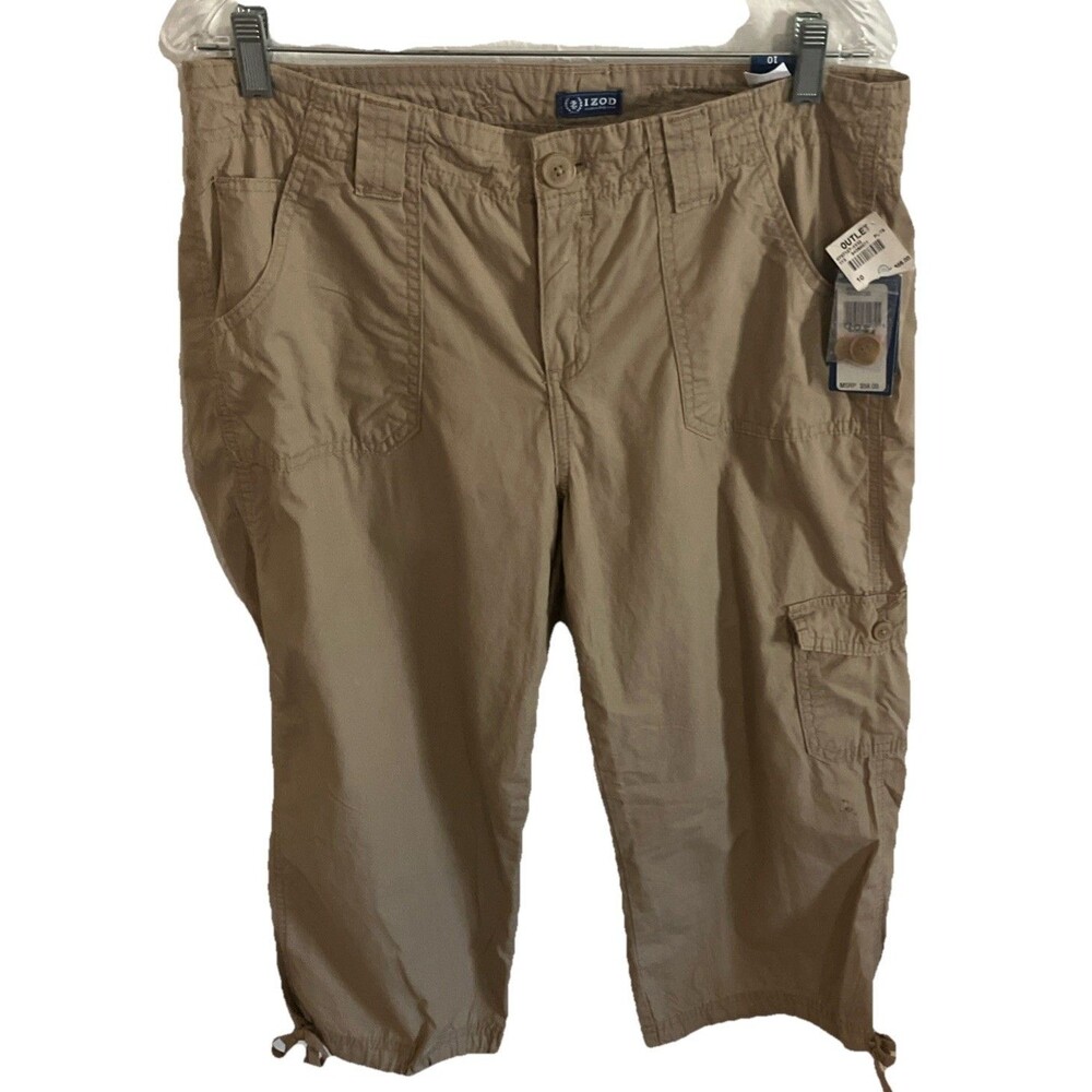 Izod Cargo Pants 10 Beige Women Washed Suede Drawstring Hem NEW Minimalist $58 R